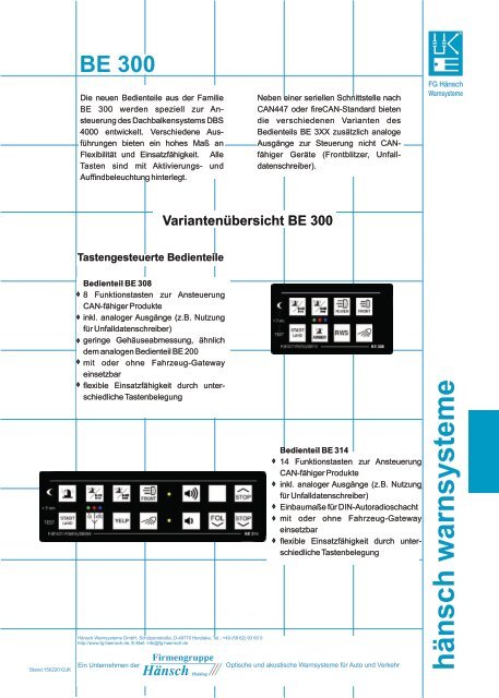 Produktinformation BE 300 - Hänsch