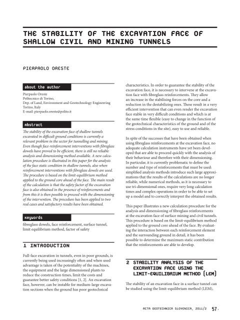 The stability of the excavation face of shallow civil and mining tunnels