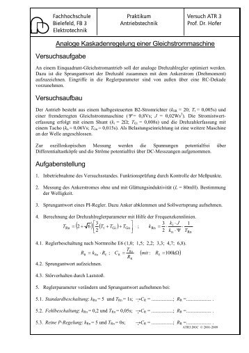 Reglerabgleich eines Gleichstromantriebs - Fachhochschule Bielefeld