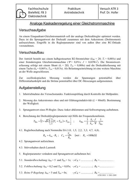 Reglerabgleich eines Gleichstromantriebs - Fachhochschule Bielefeld