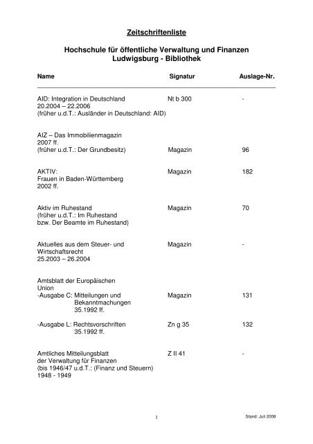 Zeitschriftenliste Juli 08 - Hochschule für Verwaltung und Finanzen ...