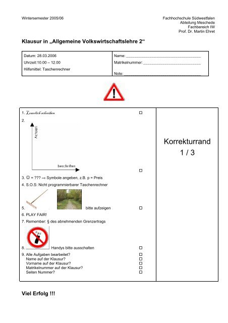 Klausur in „Allgemeine Volkswirtschaftslehre 2“ - Fachhochschule ...