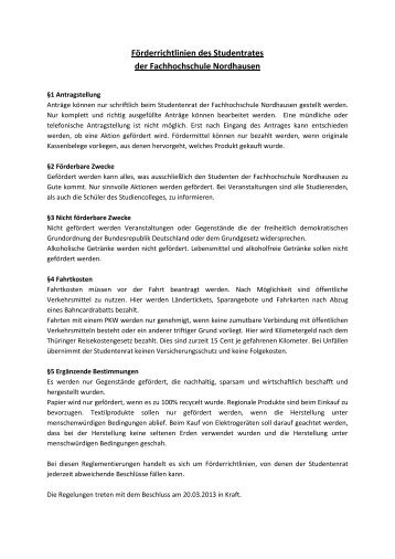 Förderrichtlinien des Studentrates der Fachhochschule Nordhausen