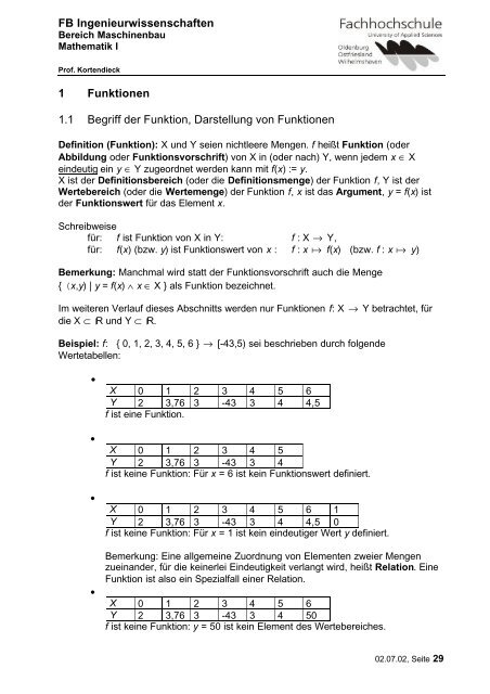 FB Ingenieurwissenschaften 1 Funktionen 1.1 Begriff der Funktion ...