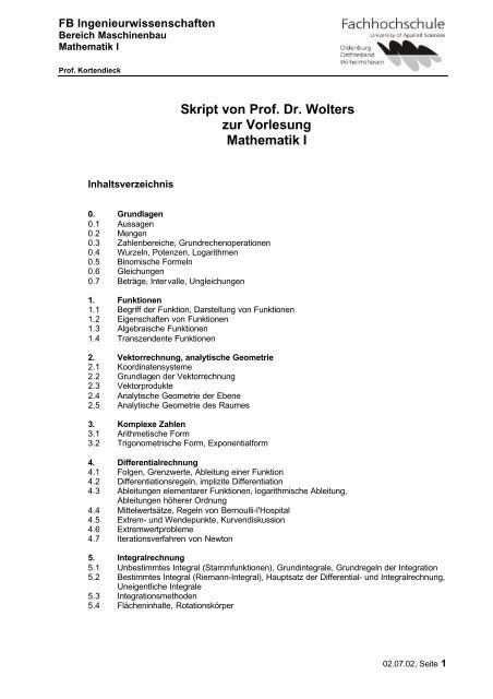 Skript von Prof. Dr. Wolters zur Vorlesung Mathematik I