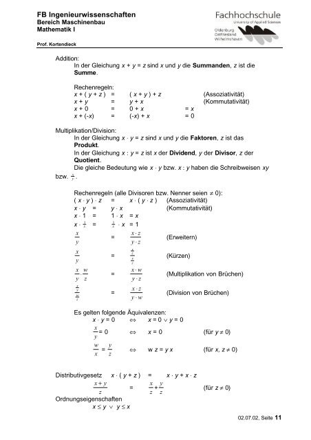 Skript von Prof. Dr. Wolters zur Vorlesung Mathematik I