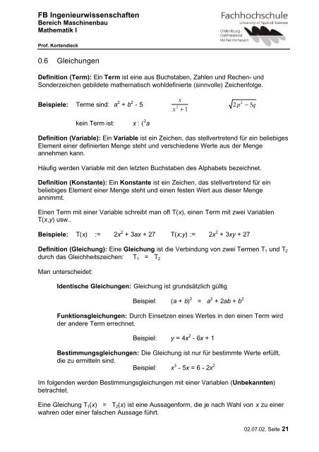 Skript von Prof. Dr. Wolters zur Vorlesung Mathematik I