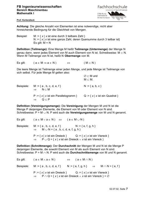 Skript von Prof. Dr. Wolters zur Vorlesung Mathematik I