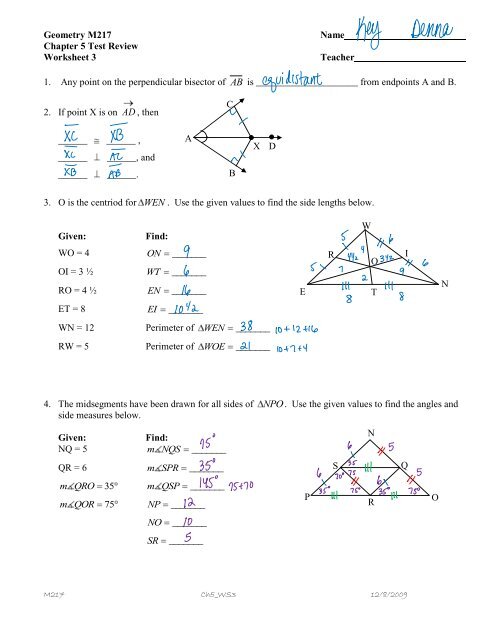 Geometry M217 Name Chapter 5 Test Review Worksheet 3 Teacher 