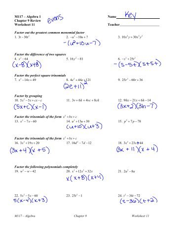 M117 ? Algebra 1 Name Chapter 9 Review Worksheet 11 ...