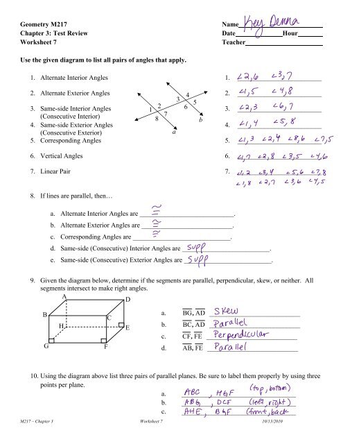 Geometry M217 Name Chapter 3: Test Review Date Hour ...