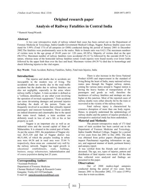 Original research paper Analysis of Railway Fatalities in ... - medIND