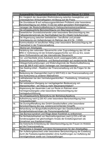 Ausgewählte Hausarbeitsthemen Fachbereich Steuer EJ 2004