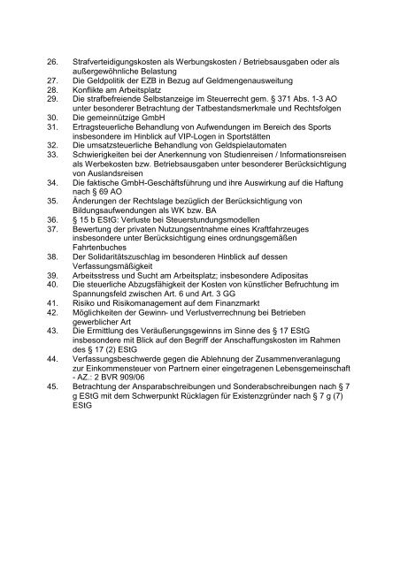 Ausgewählte Hausarbeitsthemen Fachbereich Steuer EJ 2004