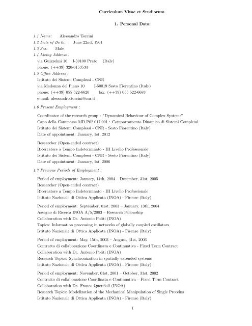 Curriculum Vitae et Studiorum Personal Data: surname ... - ISC - Cnr