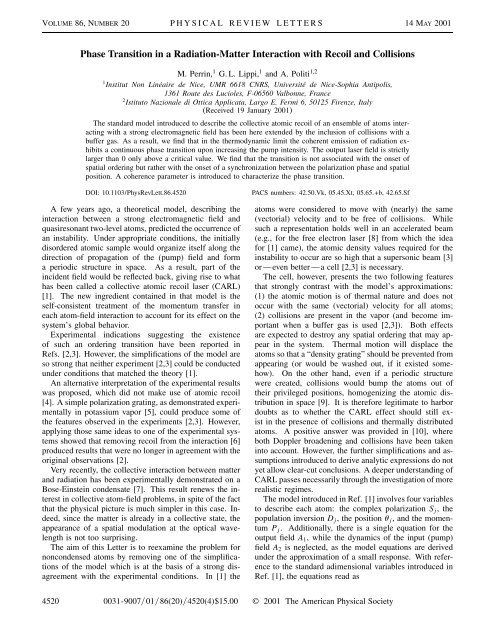 Phase Transition in a Radiation-Matter Interaction with Recoil ... - ISC