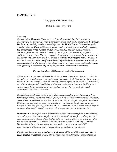 FIAMC Document Forty years of Humanae Vitae from a medical ...