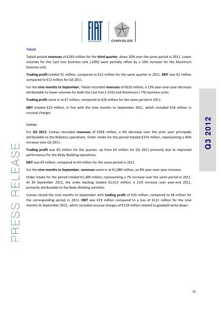 Meeting: third quarter 2012 results - Fiat SpA