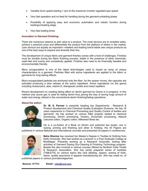 By: Dr. M.S. Parmar, M. Singh and Neha NITRA - Fibre2fashion