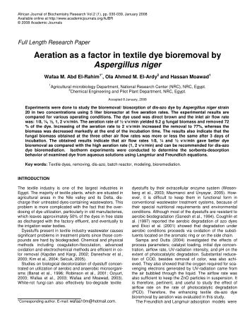 Aeration as a factor in textile dye bioremoval by Aspergillus niger