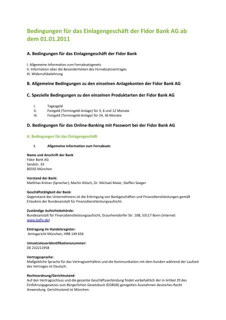 Bedingungen Einlagen Fidor Bank Fidor Bank Ag
