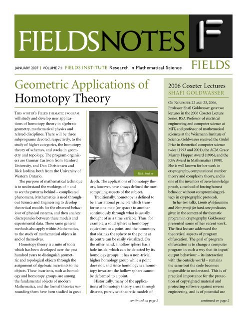 FIELDS Geometric Applications of Homotopy Theory