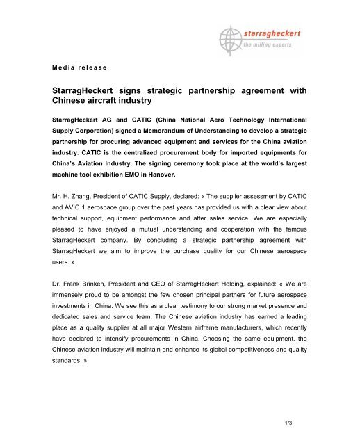 Starragheckert signs strategic partnership agreement with Chinese ...