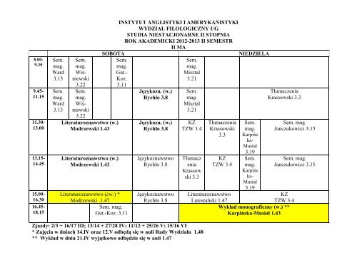 Wydzial Filologiczny Plan Lekcji Sosnowiec