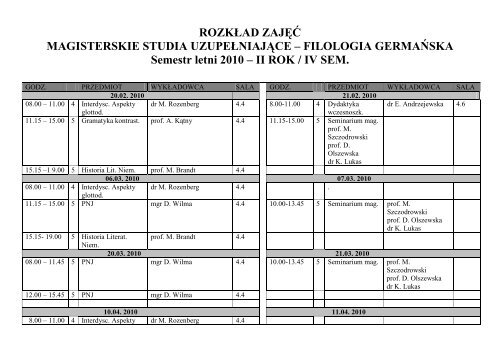 ROZK£AD ZAJĘĆ MSU II r. IV sem.