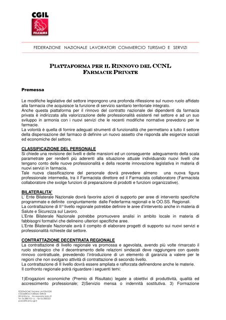 Farmacie Private - Ipotesi Piattaforma Unitaria ... - Filcams - Cgil