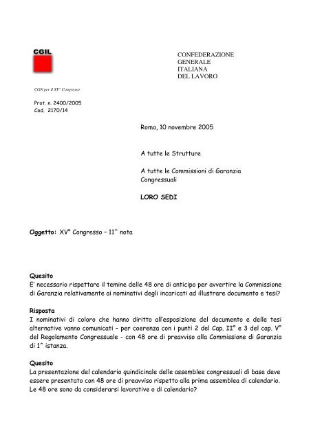 11^ Nota Commissione Nazionale di Garanzia - Filcams - Cgil