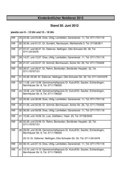Kinderärztlicher Notdienst 2012 Stand 20. Juni 2012 - Stadt Filderstadt