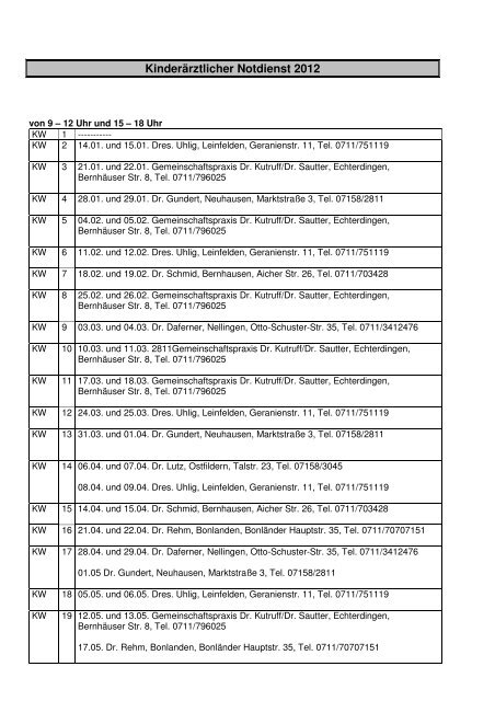 Kinderärztlicher Notdienst 2012 komplett - Stand ... - Stadt Filderstadt