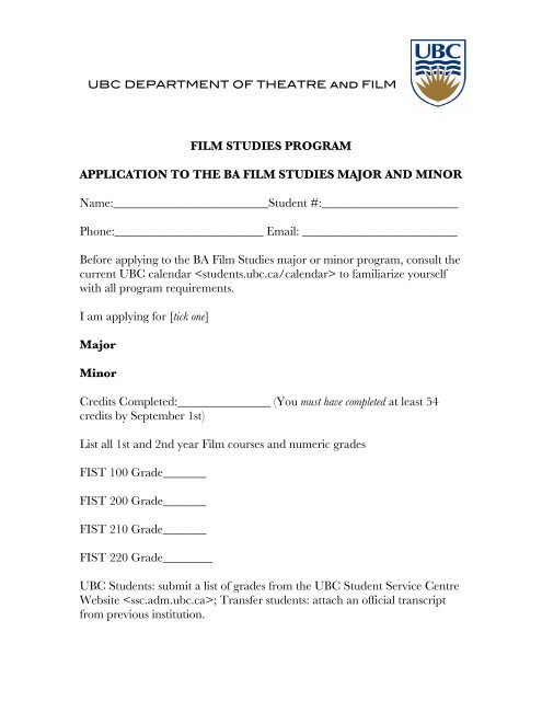 BA major and minor application 200 - Film Program