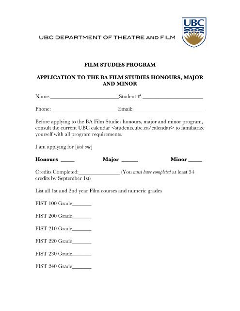 Application to the BA Film Studies Honours, Major ... - Film Program