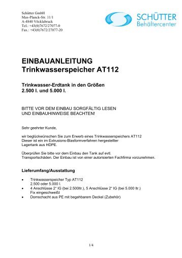 EINBAUANLEITUNG Trinkwasserspeicher AT112