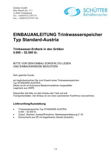 EINBAUANLEITUNG Trinkwasserspeicher Typ Standard-Austria