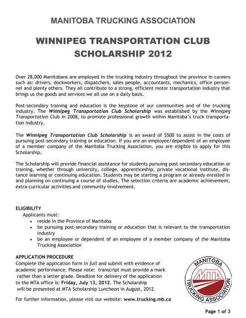 winnipeg transportation club scholarship 2012 - Bison Transport