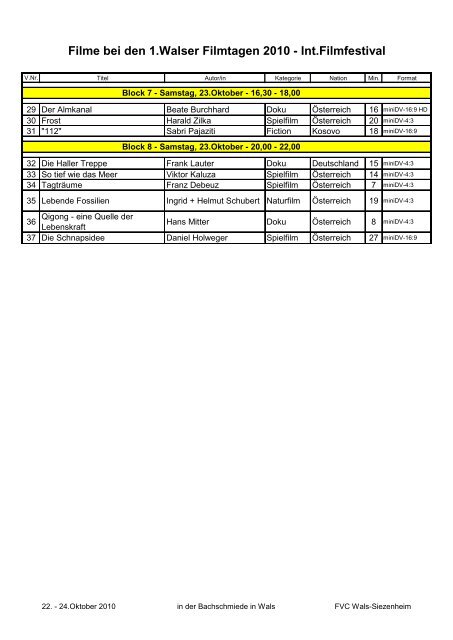 Filme bei den 1.Walser Filmtagen 2010 - Int.Filmfestival