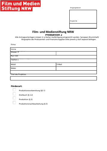 Antrag auf Filmförderung - Filmstiftung Nordrhein-Westfalen