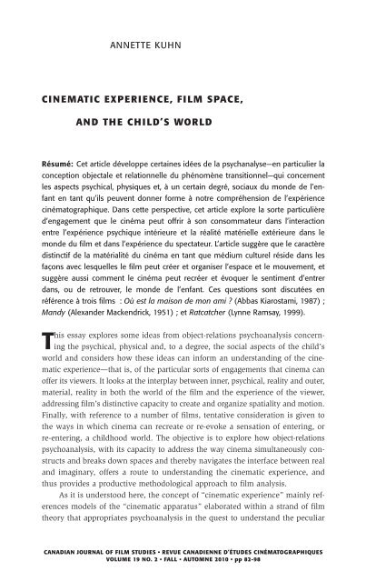 cinematic experience, film space, and the child's world - Film Studies