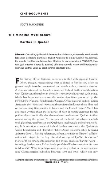 The Missing Mythology: Barthes in Québec - Film Studies ...