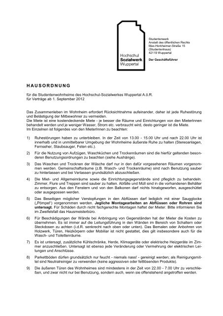 Allgemeine Hausordnung (pdf) - Hochschul Sozialwerk Wuppertal