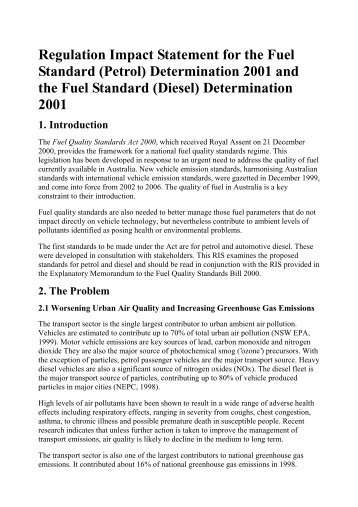 Regulation Impact Statement for the Fuel Standard (Petrol ...
