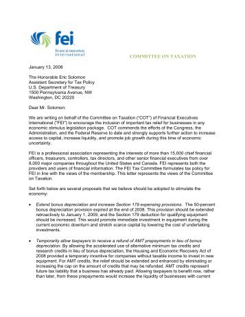FEI COT's Letter to Treasury - Financial Executives International