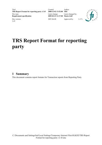 TRS Report Format for reporting party - Finanstilsynet