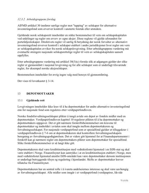 Rapport om gjennomføring av AIFMD i norsk rett - Finanstilsynet