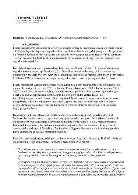 Høringsnotat - Finanstilsynet