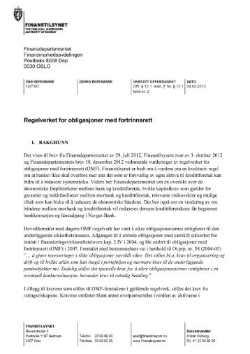 Brev til Finansdepartementet datert 4. mars 2013 - Finanstilsynet