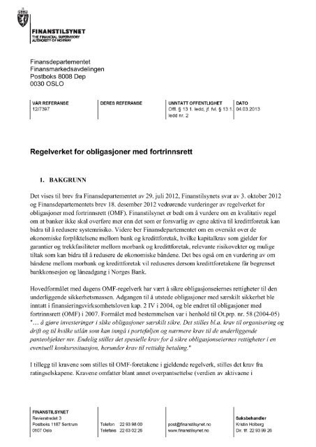 Brev til Finansdepartementet datert 4. mars 2013 - Finanstilsynet